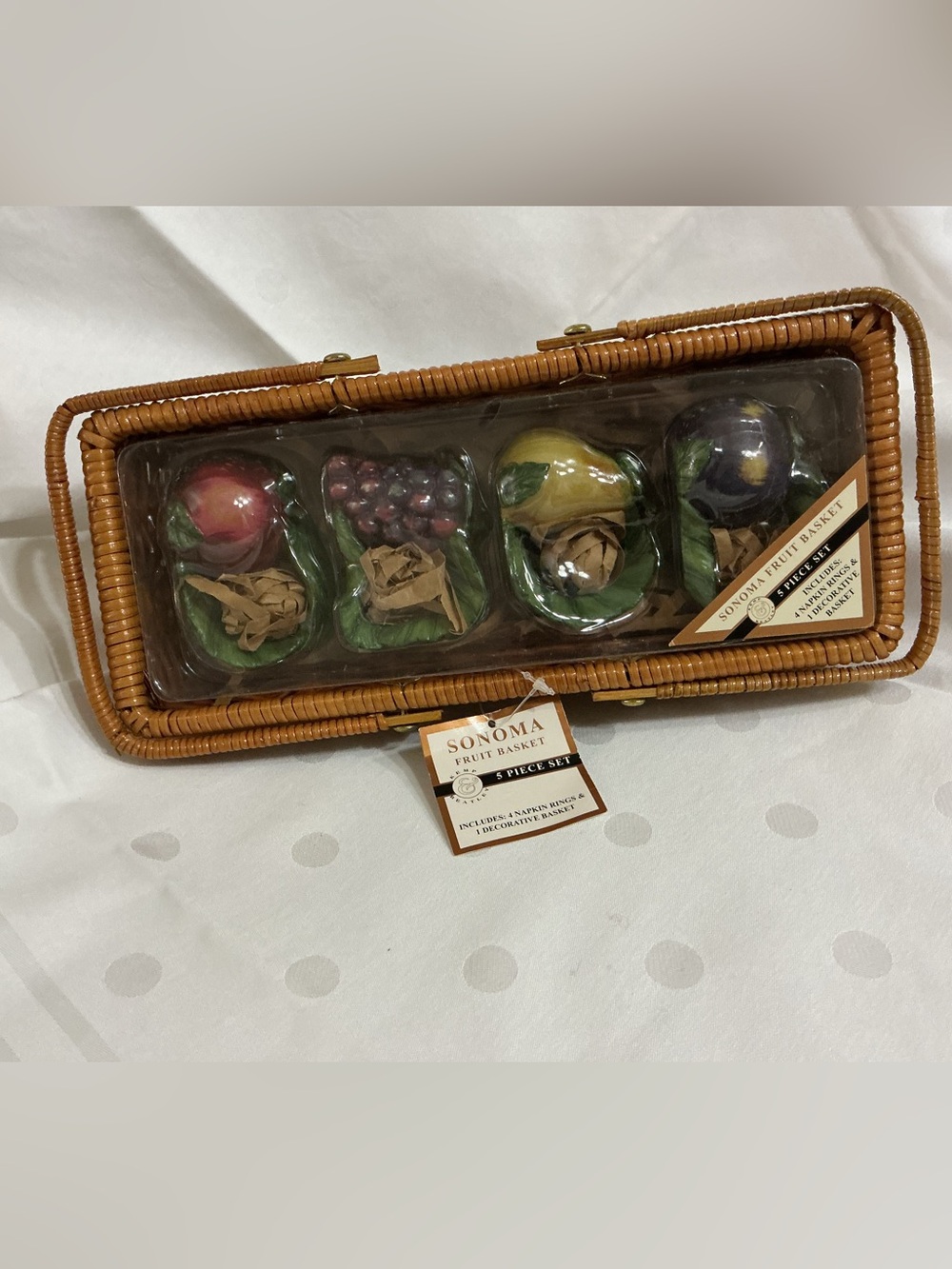 Sonoma Fruit Ceramic Napkin Rings in Green, Red, Yellow, Purple & 1 basket